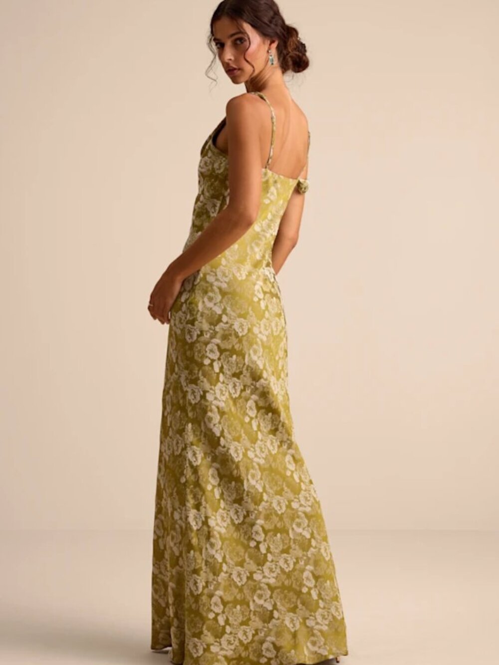 Lulus Cavani Chartreuse Floral Satin Asymmetrical Maxi Dress Size Small - Picture 2 of 2